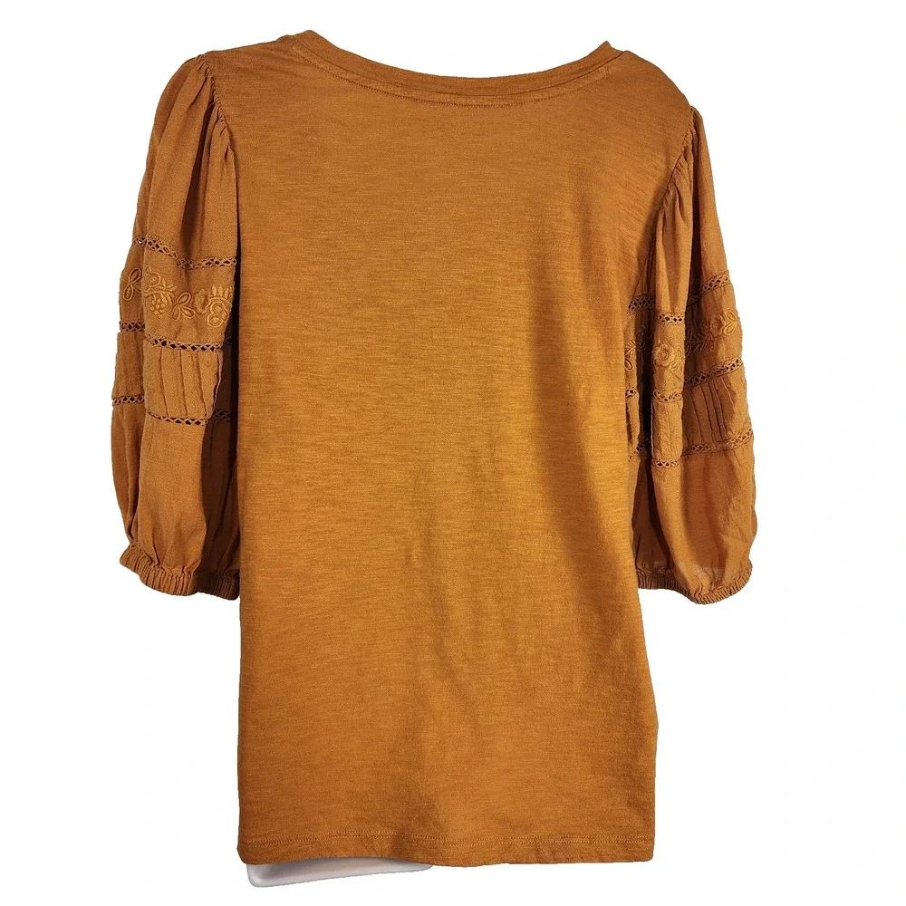 LOFT Top Mustard Yellow Embroidered Puff Sleeve V Neck Medium Boho Lace Cottage